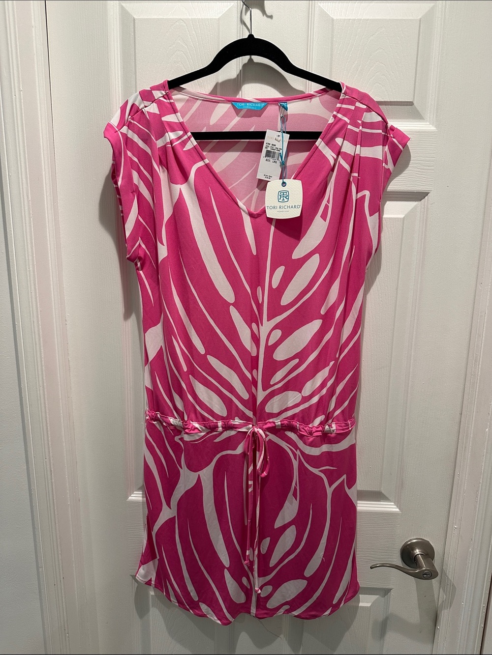 Tori Richard Hot Pink & White Abstract Print V-Neck Drawstring Dress Size L Nwt
